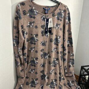 Architect Dress Floral Print Long Sleeve Womens 2X Taupe Blue Flowers